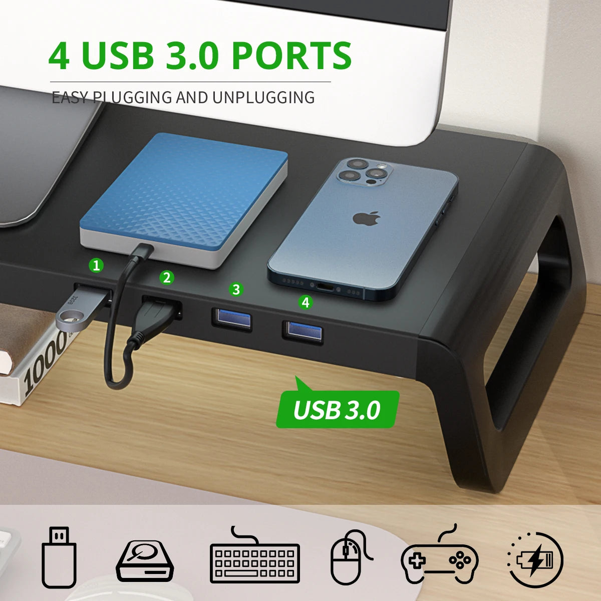 Aluminium monitor stand riser with USB 3.0 hub, view 2