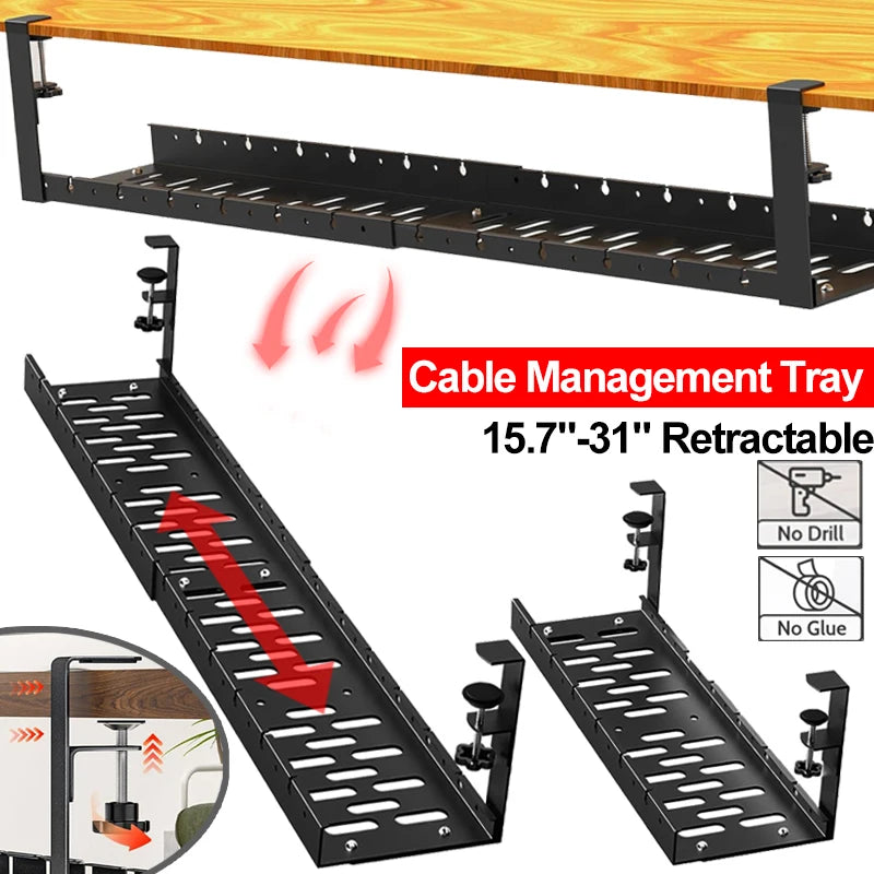 Retractable cable tray extended under a wide desk