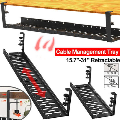 Retractable cable tray extended under a wide desk