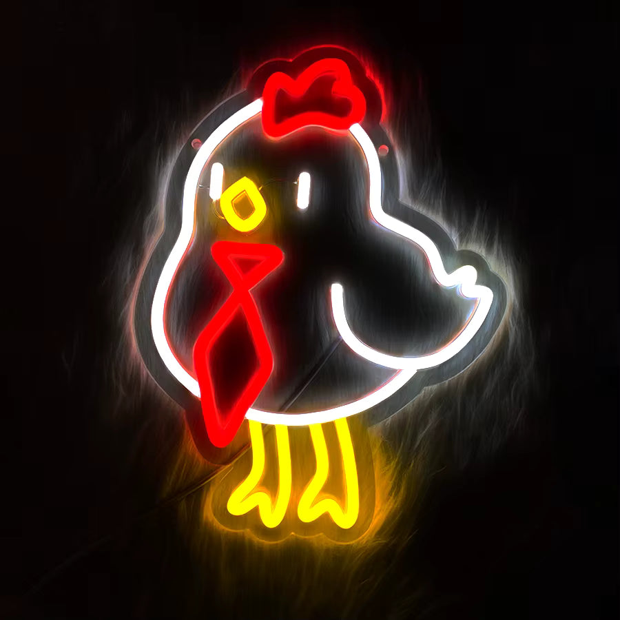 Cartoon rooster neon light glowing in bar decor