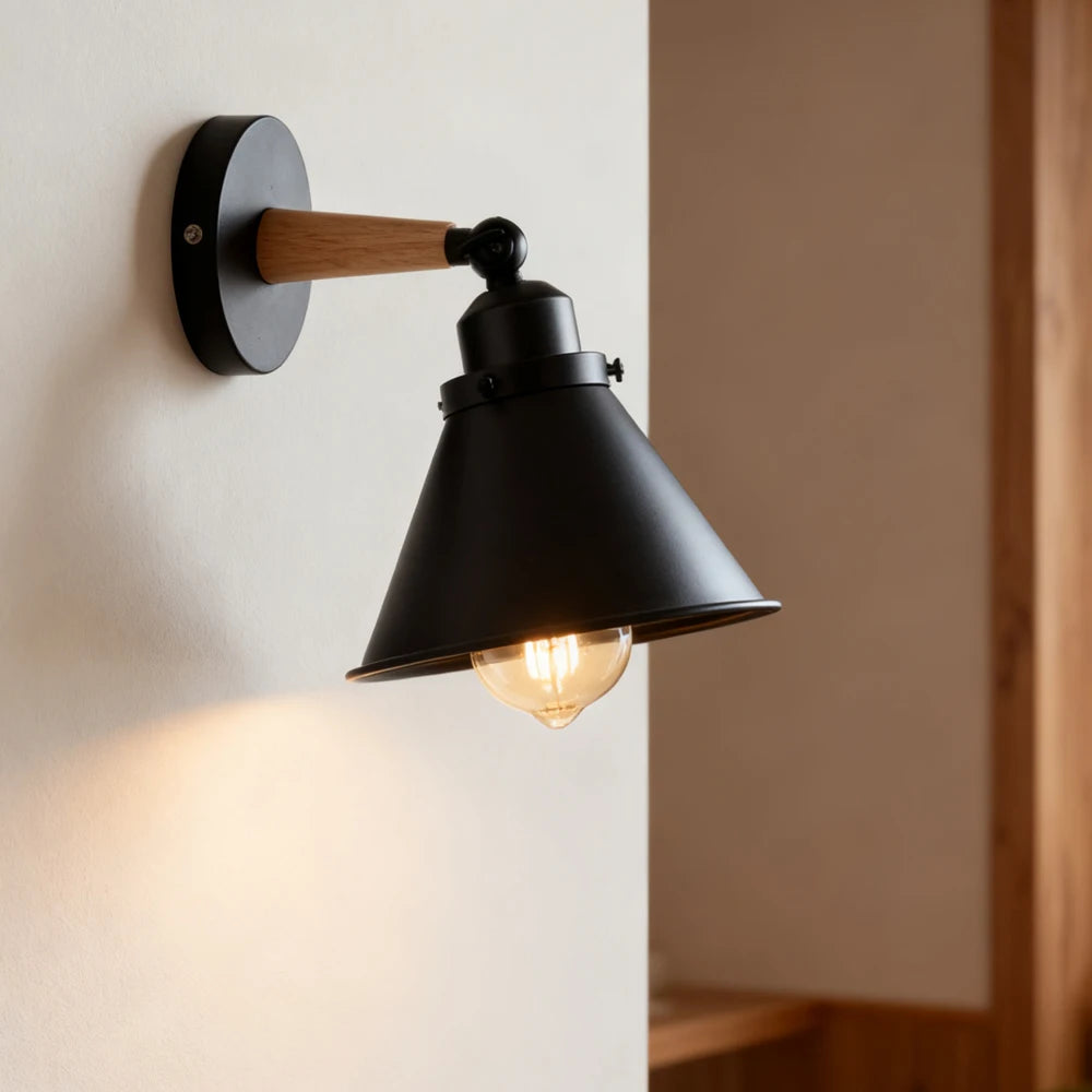 Industrial wall light with wood detail close up