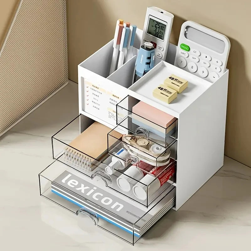 Plastic pen holder with drawers, desktop stationery organiser, view 2