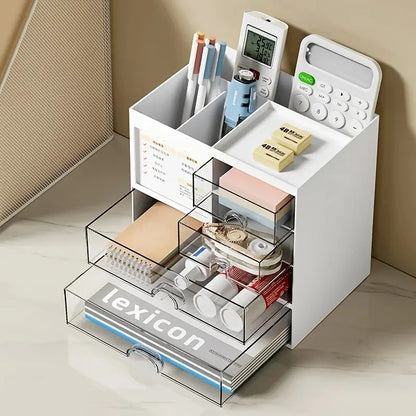 Plastic pen holder with drawers, desktop stationery organiser, view 2