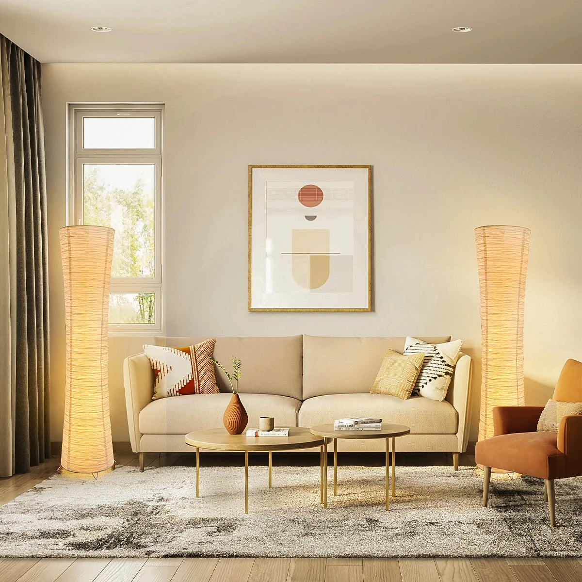 Modern living room with beige sofa, coffee table, and decorative elements.