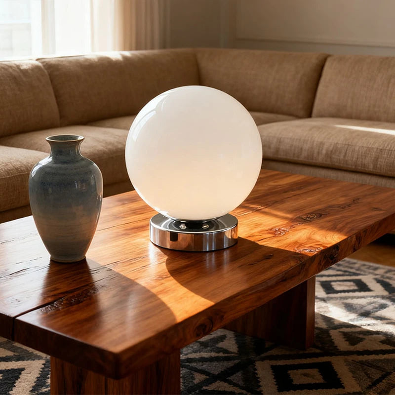 Round glass table lamp glowing on a bedroom nightstand