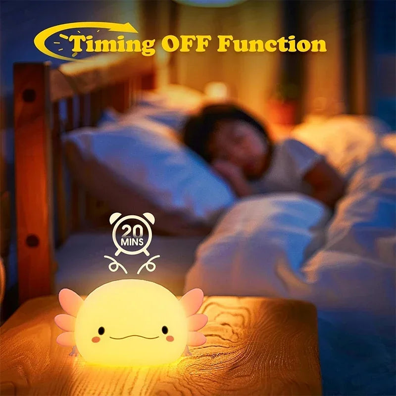 BPA-free silicone axolotl lamp glowing with soft warm light for toddler nursery comfort