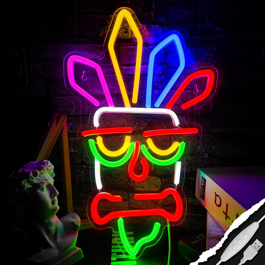 Colourful tiki feather neon sign USB dimmable LED wall art