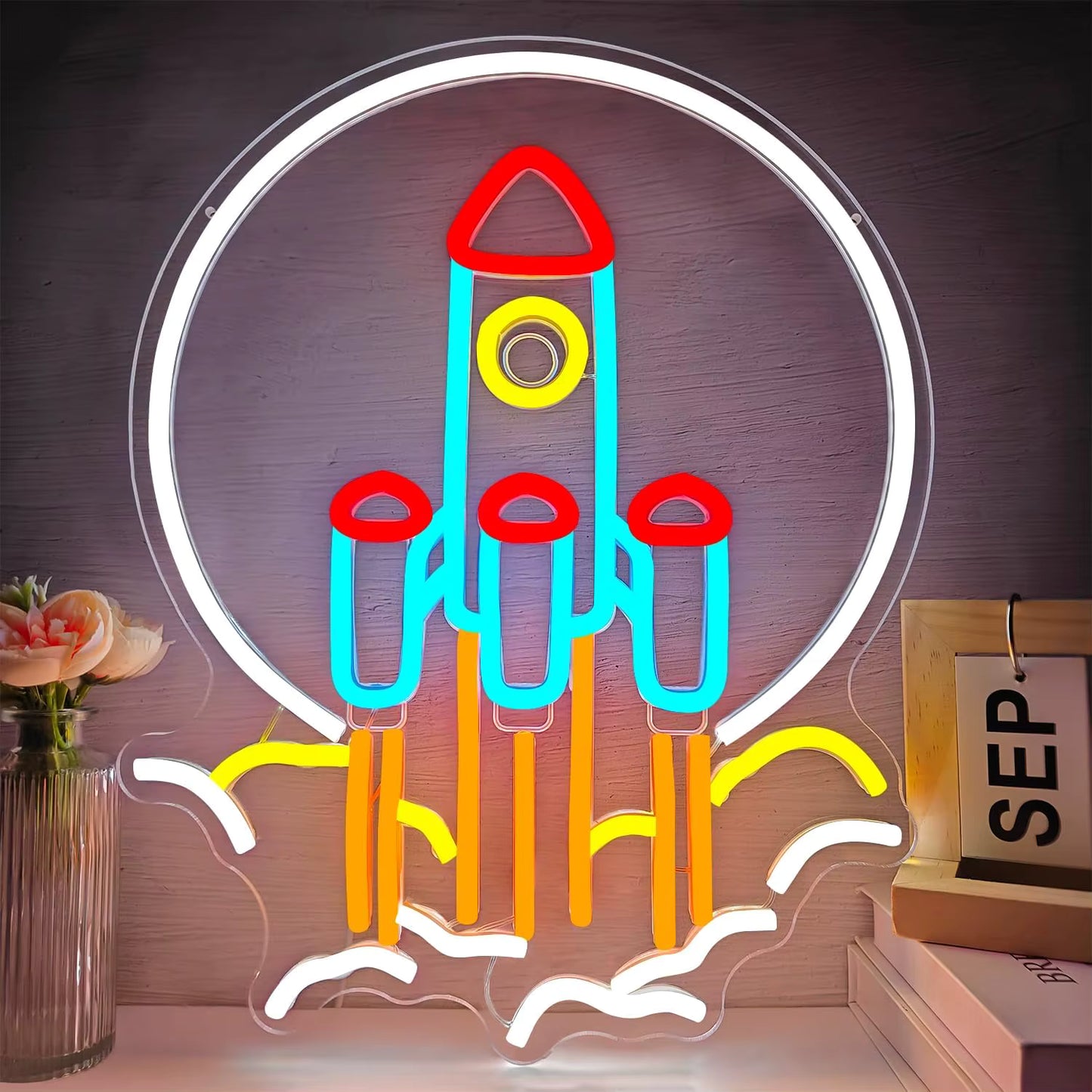 Space themed neon light wall installation