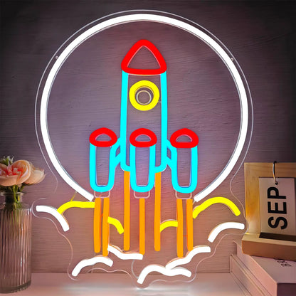 Space themed neon light wall installation