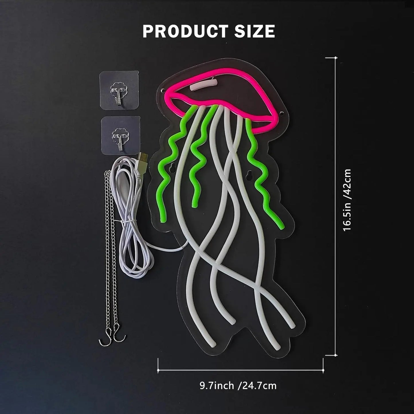 Neon jellyfish light with cable and chain on a black background, showing product size.