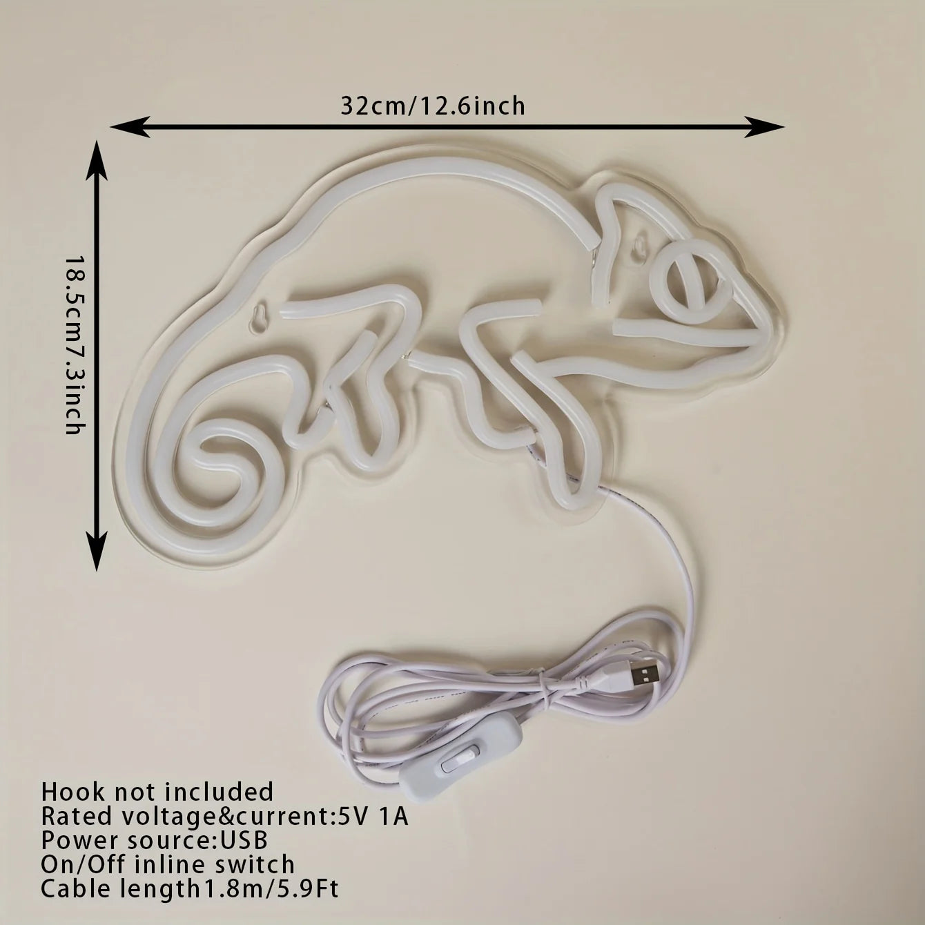 Neon light shaped like a dragon with dimensions and specifications on a beige background