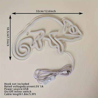 Neon light shaped like a dragon with dimensions and specifications on a beige background