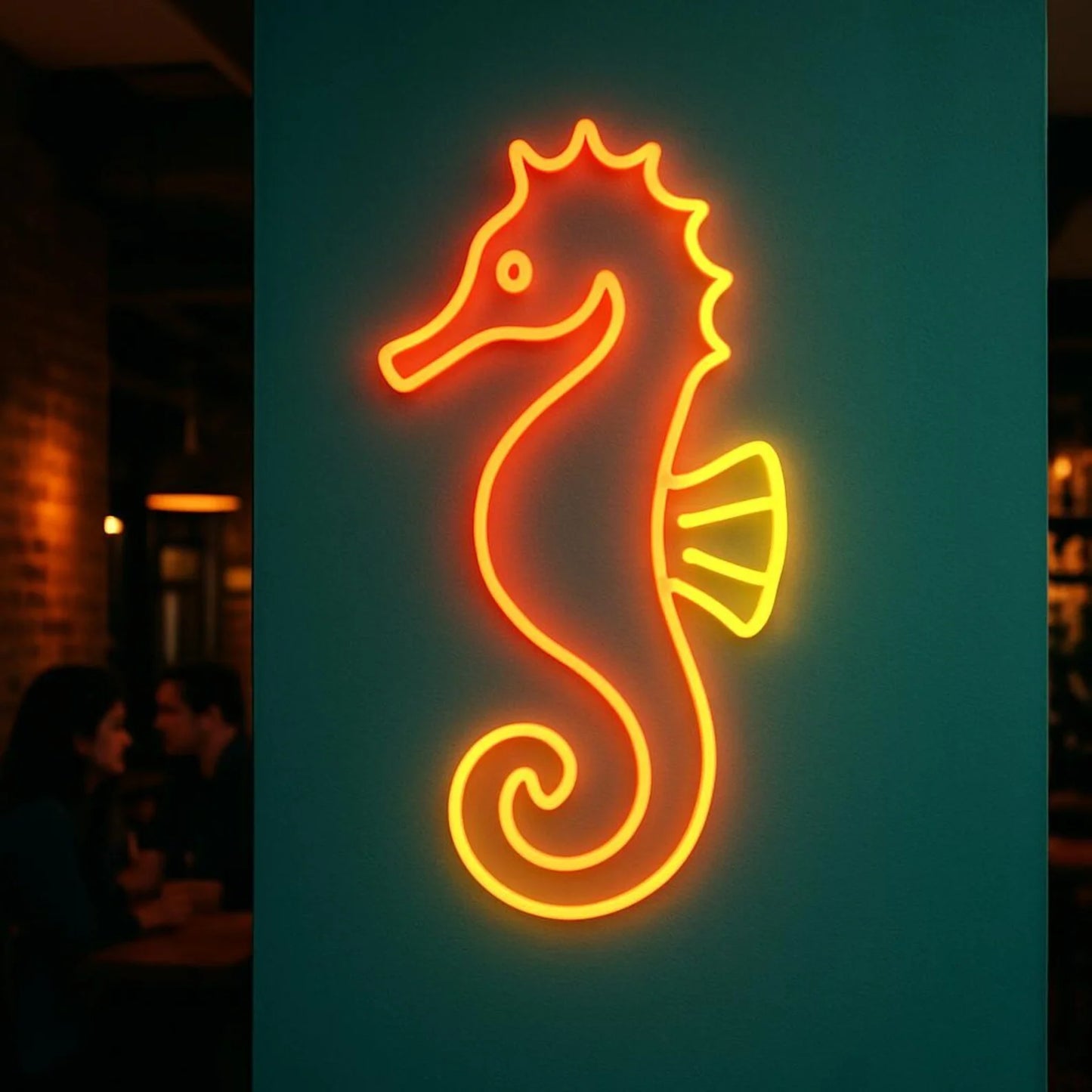 Neon seahorse sign on a dark background