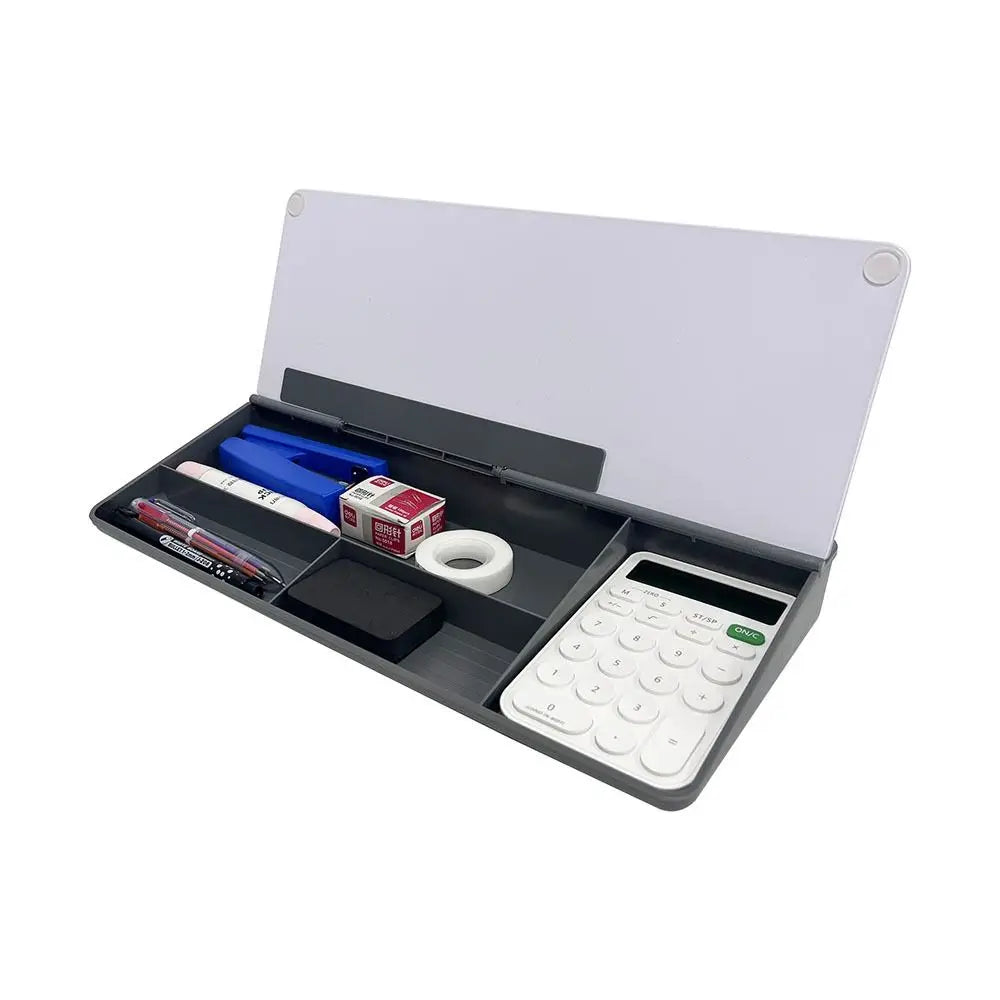 Storage drawer pulled out from under the desk whiteboard