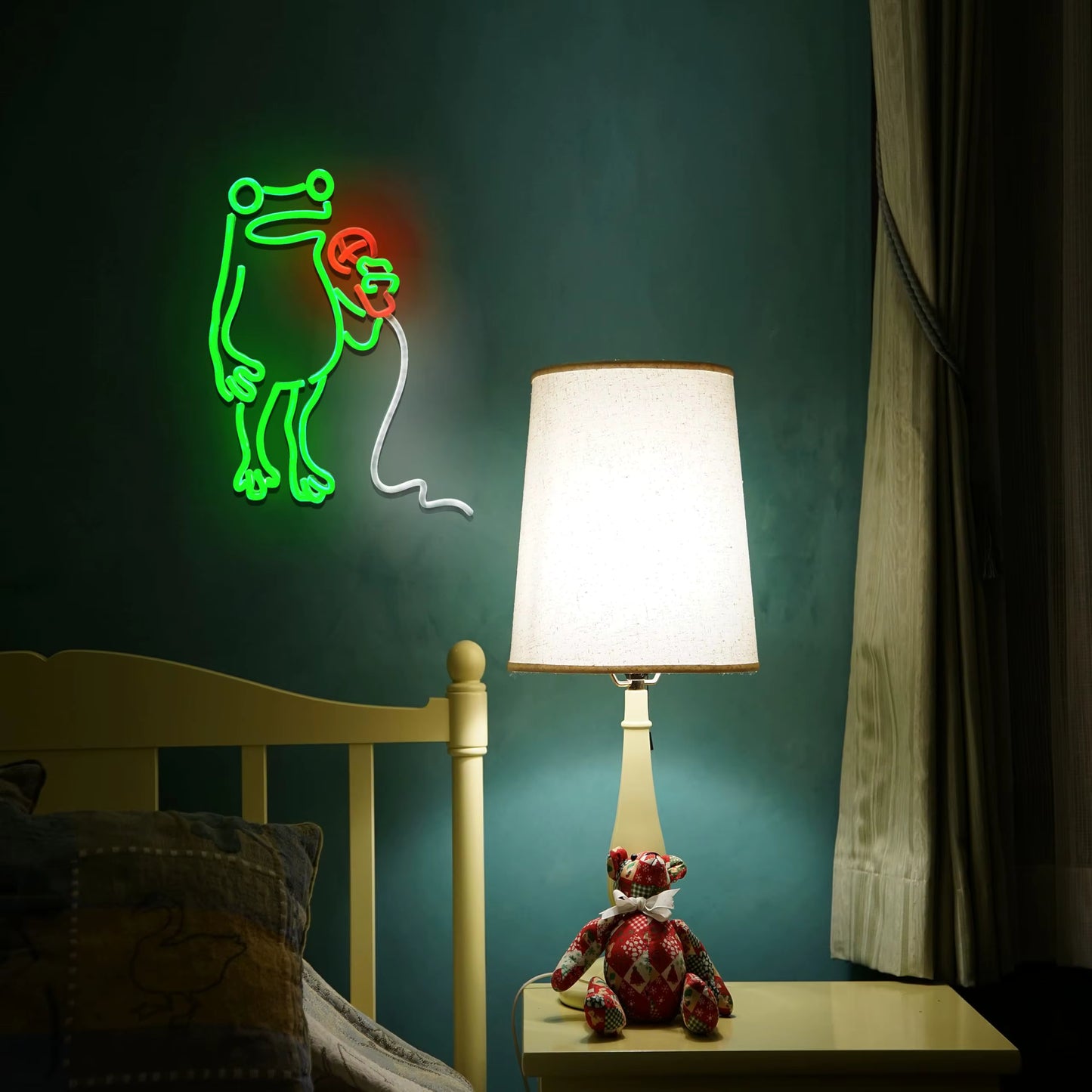Funny frog neon light glowing in kids room
