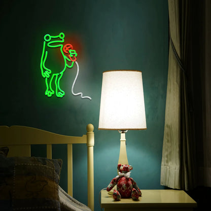 Funny frog neon light glowing in kids room