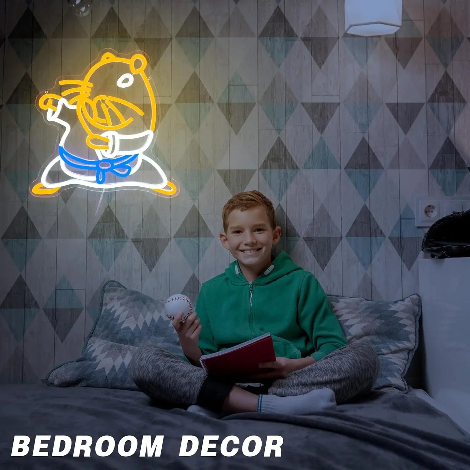 Child sitting on a bed with a neon sign of a cartoon character in the background, labeled 'Bedroom Decor'.