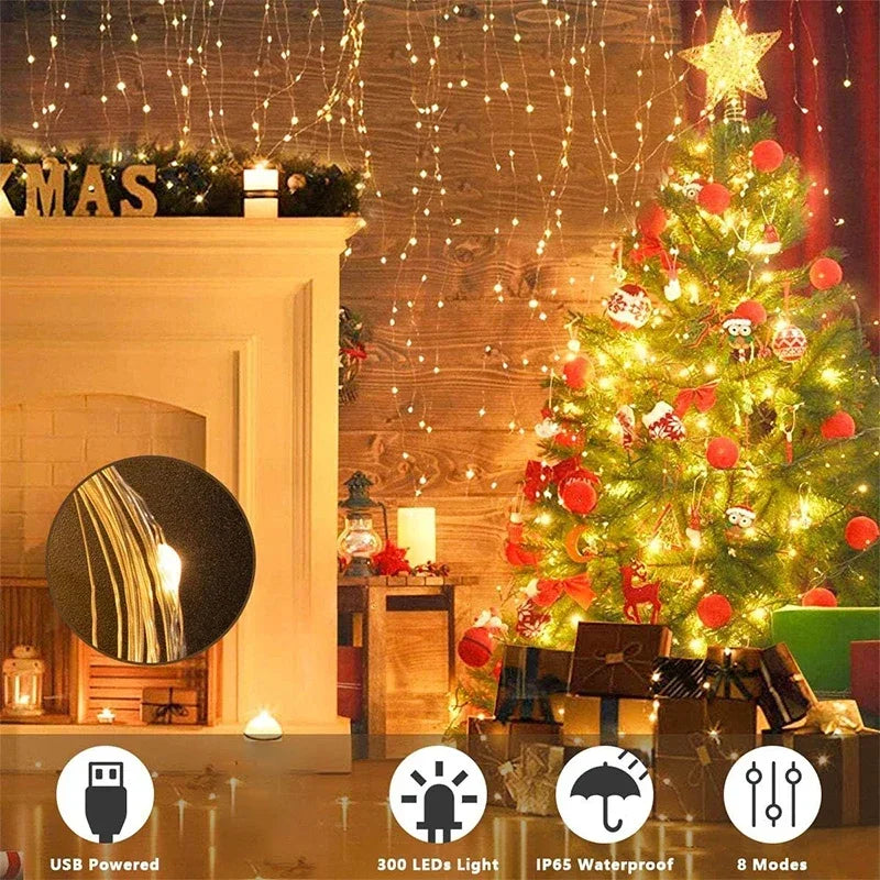 Warm white curtain lights hanging on bedroom wall