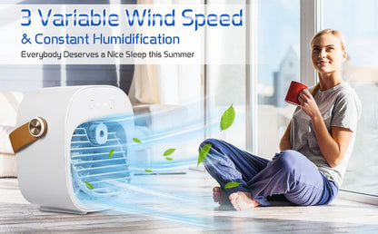 Portable air conditioner with text about wind speed and humidification, woman sitting nearby.