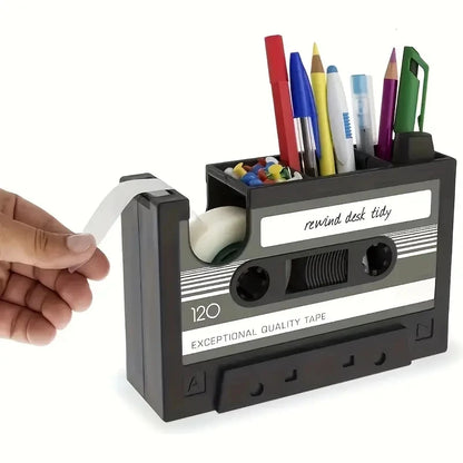Cassette tape shaped desk tidy with pen compartments and a tape dispenser, view 4