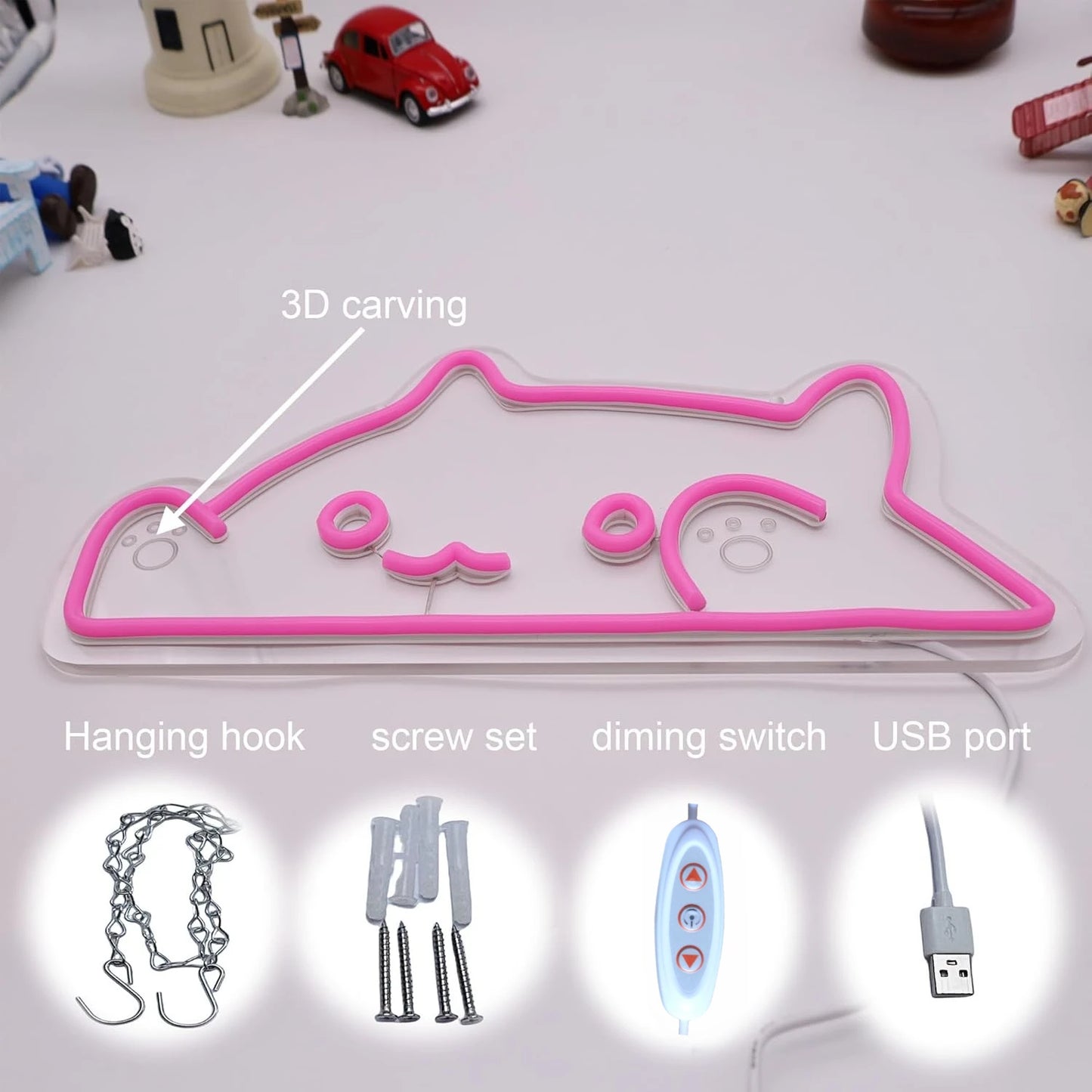 Neon sign with 3D carving, hanging hook, screw set, dimming switch, and USB port on a white background.
