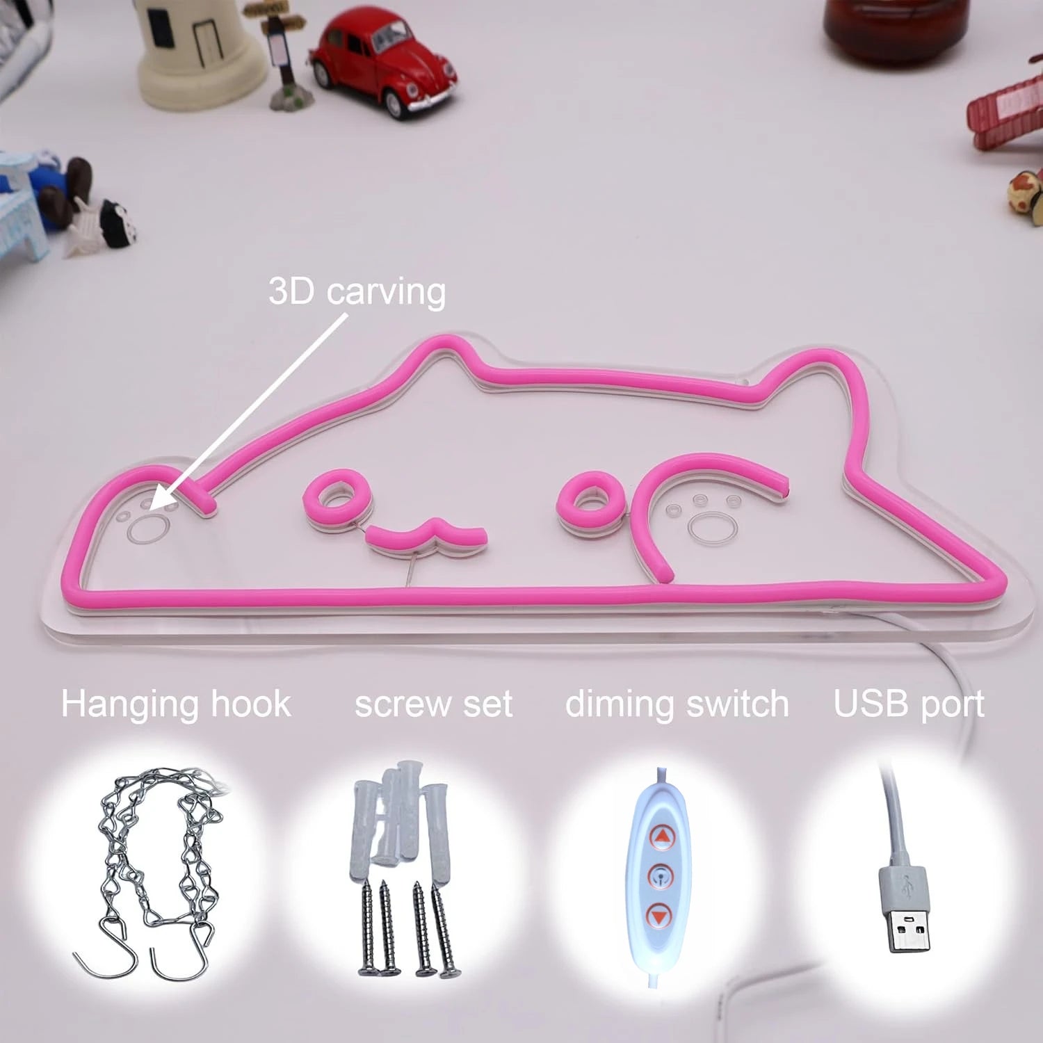 Neon sign with 3D carving, hanging hook, screw set, dimming switch, and USB port on a white background.