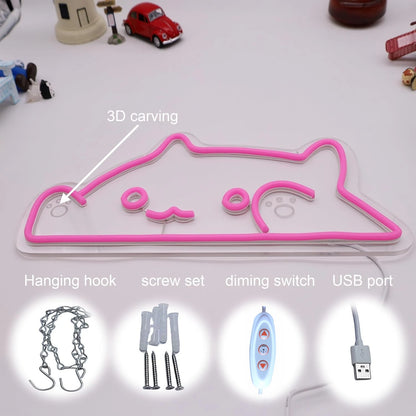 Neon sign with 3D carving, hanging hook, screw set, dimming switch, and USB port on a white background.