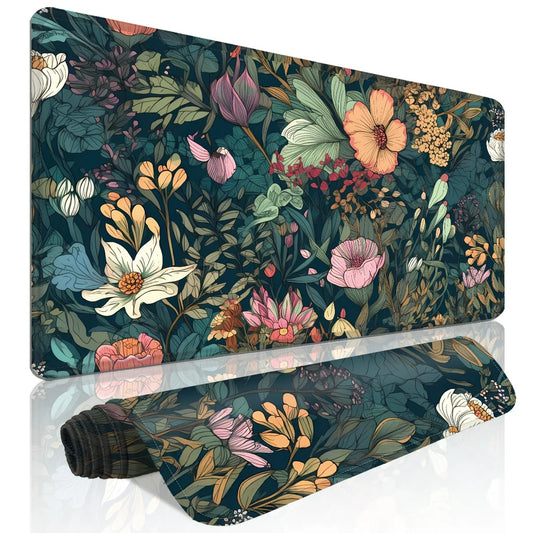 Floral patterned desk mat with stitched edges