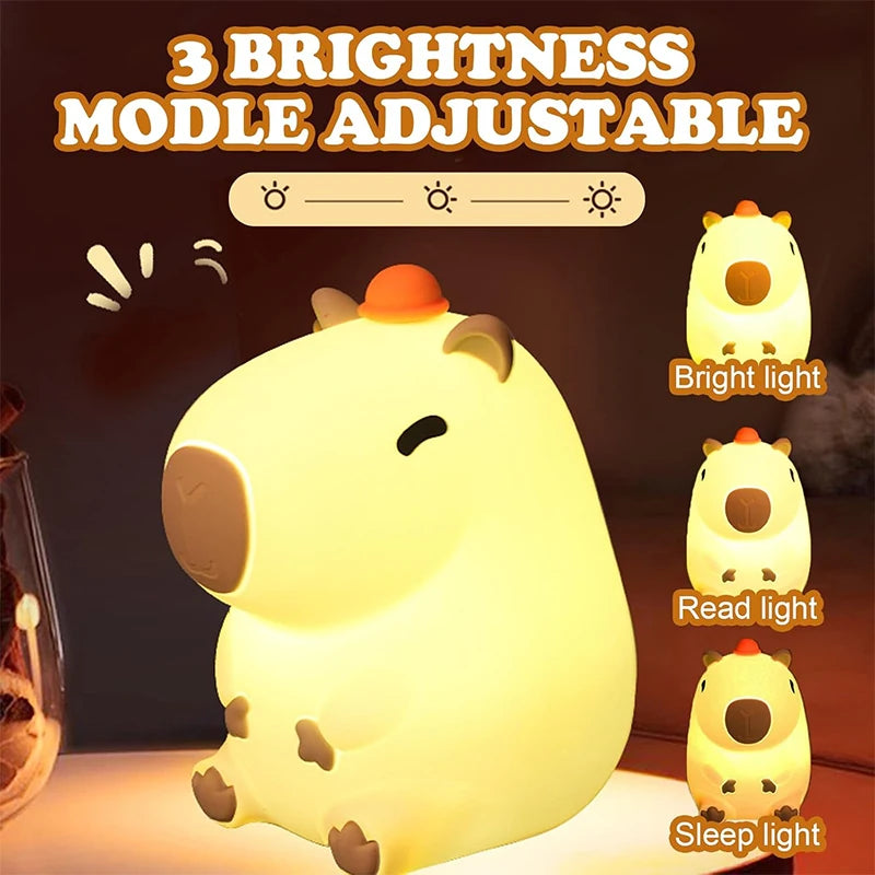 Cute animal-shaped night light with three brightness modes on a dark background