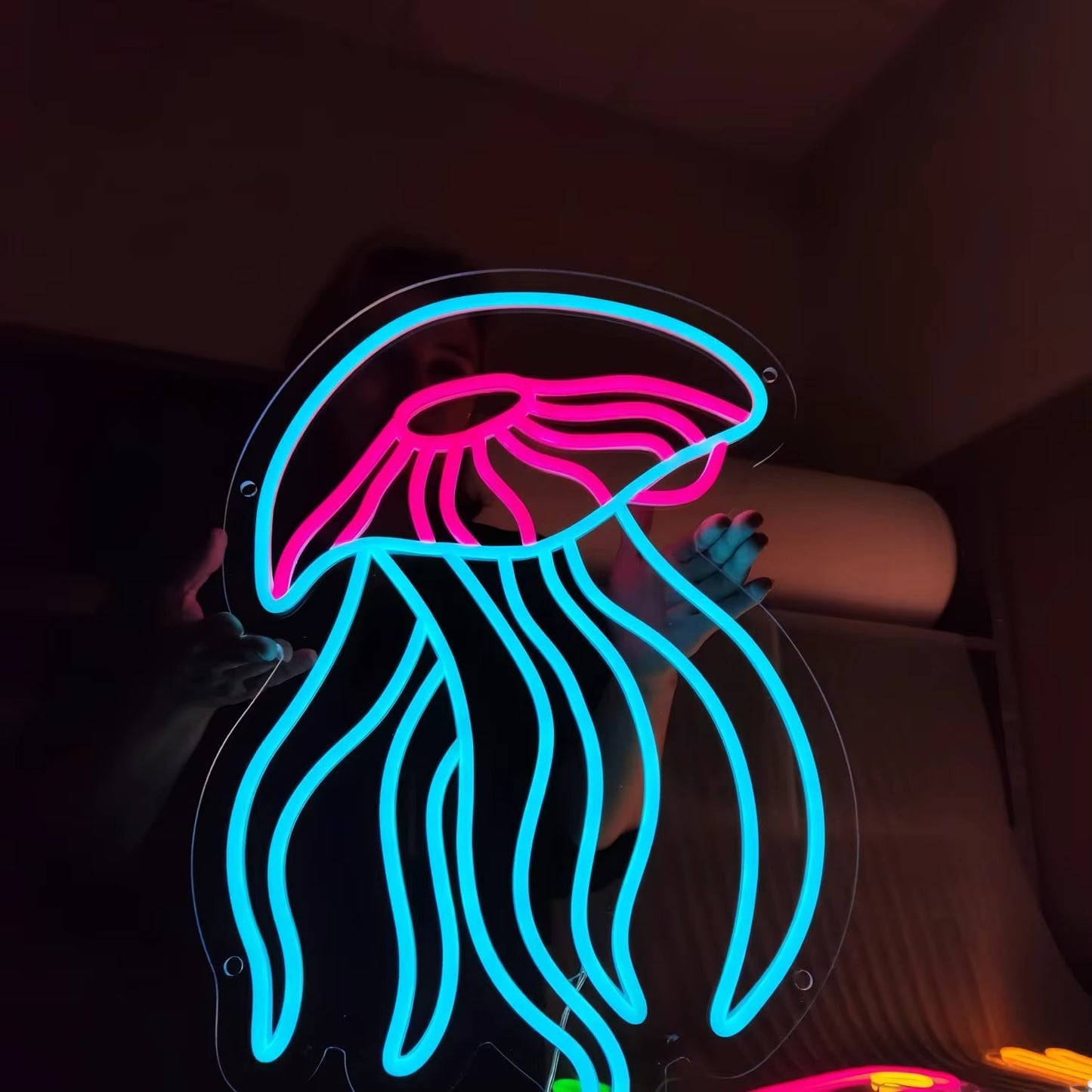 USB powered jellyfish neon sign close up