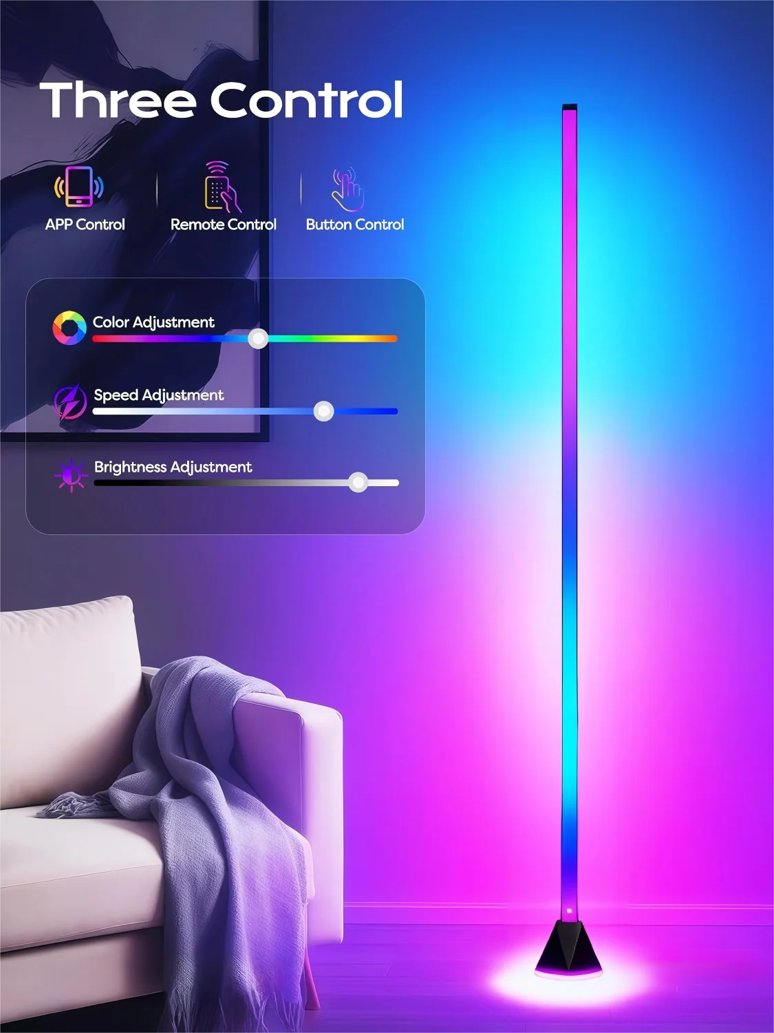 App controlled floor lamp glowing gaming room
