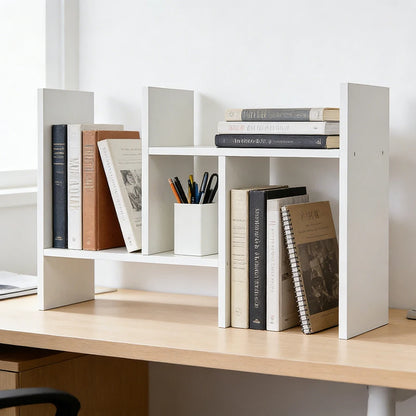 White adjustable desk bookshelf, expandable multi tier, view 3