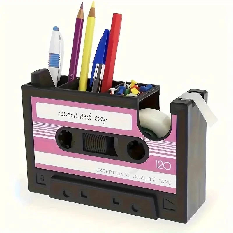 Cassette tape shaped desk tidy with pen compartments and a tape dispenser, view 5