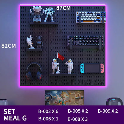 Black gaming pegboard wall organiser with holders, view 20