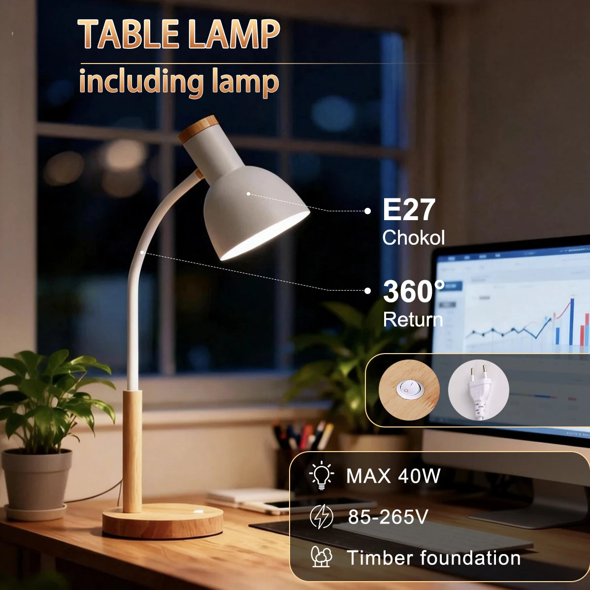 White table lamp with replaceable E27 bulb fitting
