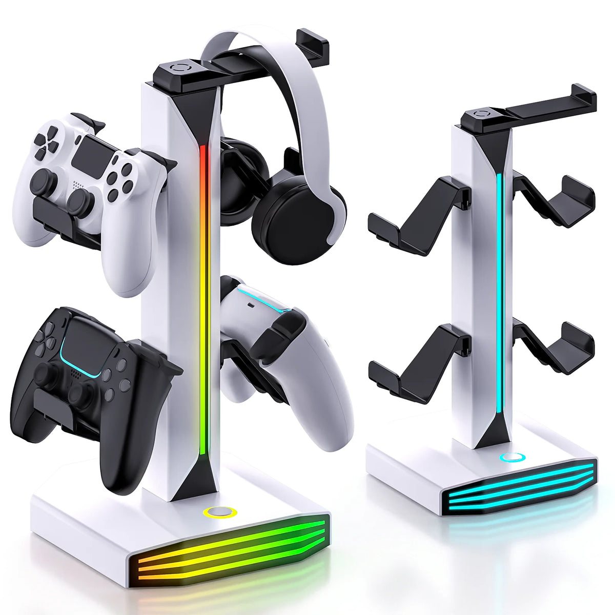 RGB lit controller stand with a headphone rest