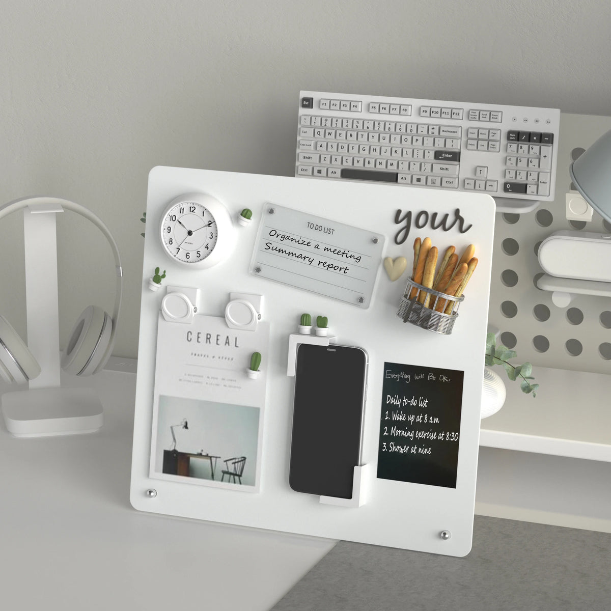 Magnetic board standing on a desk in an aluminium clamp stand