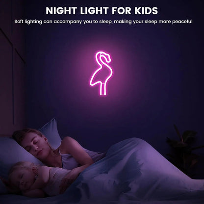 Neon flamingo night light for kids in a dark room with a child and adult.