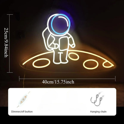 Neon sign of an astronaut on a spaceship with dimensions and product features displayed.
