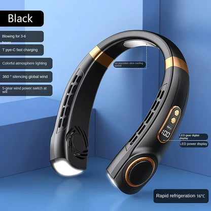 Bladeless Neck Fan Rechargeable, Portable Hands-Free USB Neck Fan with LED Digital Display, 5 Speed Settings, Colourful Atmosphere Light, Quiet Wearable Personal Fan for Home, Office, Outdoor and Travel