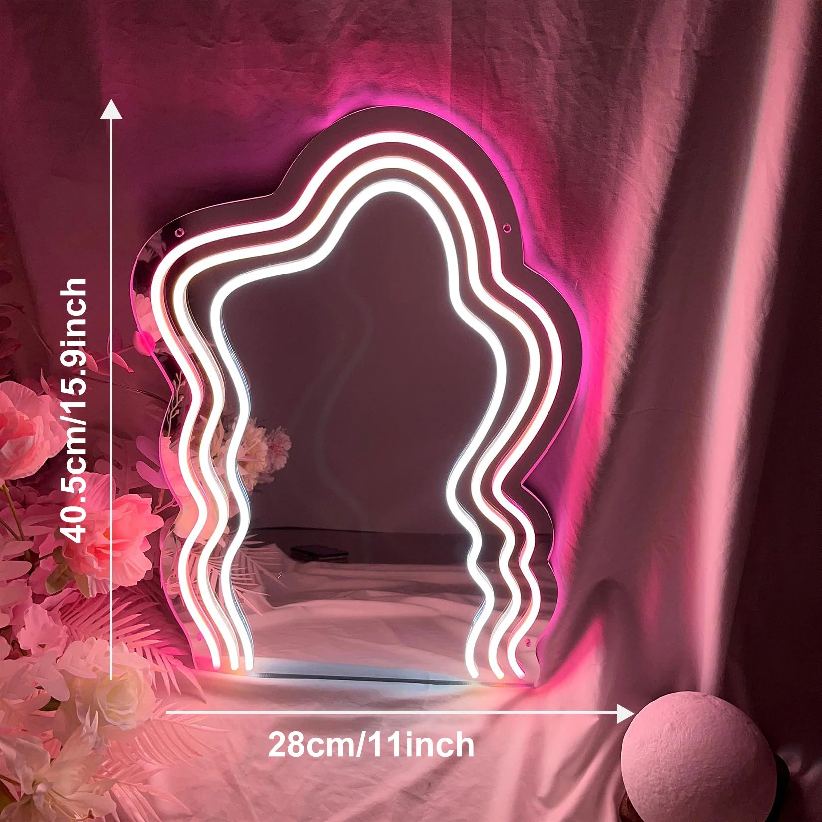 Wavy mirror neon light vanity makeup room