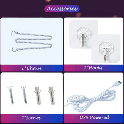 Set of accessories including a chain, hooks, screws, and a USB cable on a purple and white background.