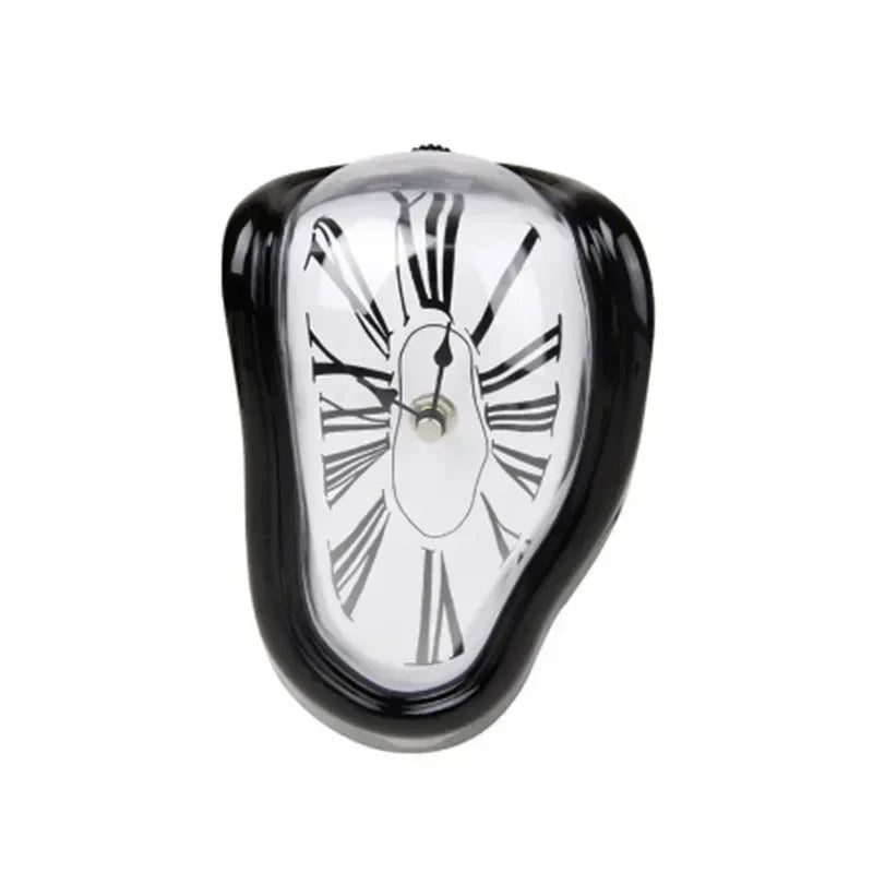 Distorted wall clock on a desk beside books