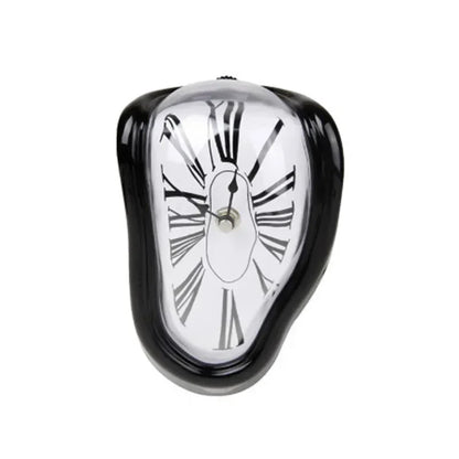 Distorted wall clock on a desk beside books