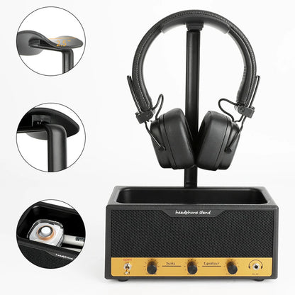 Wide black headphone stand with a full support bar, view 5