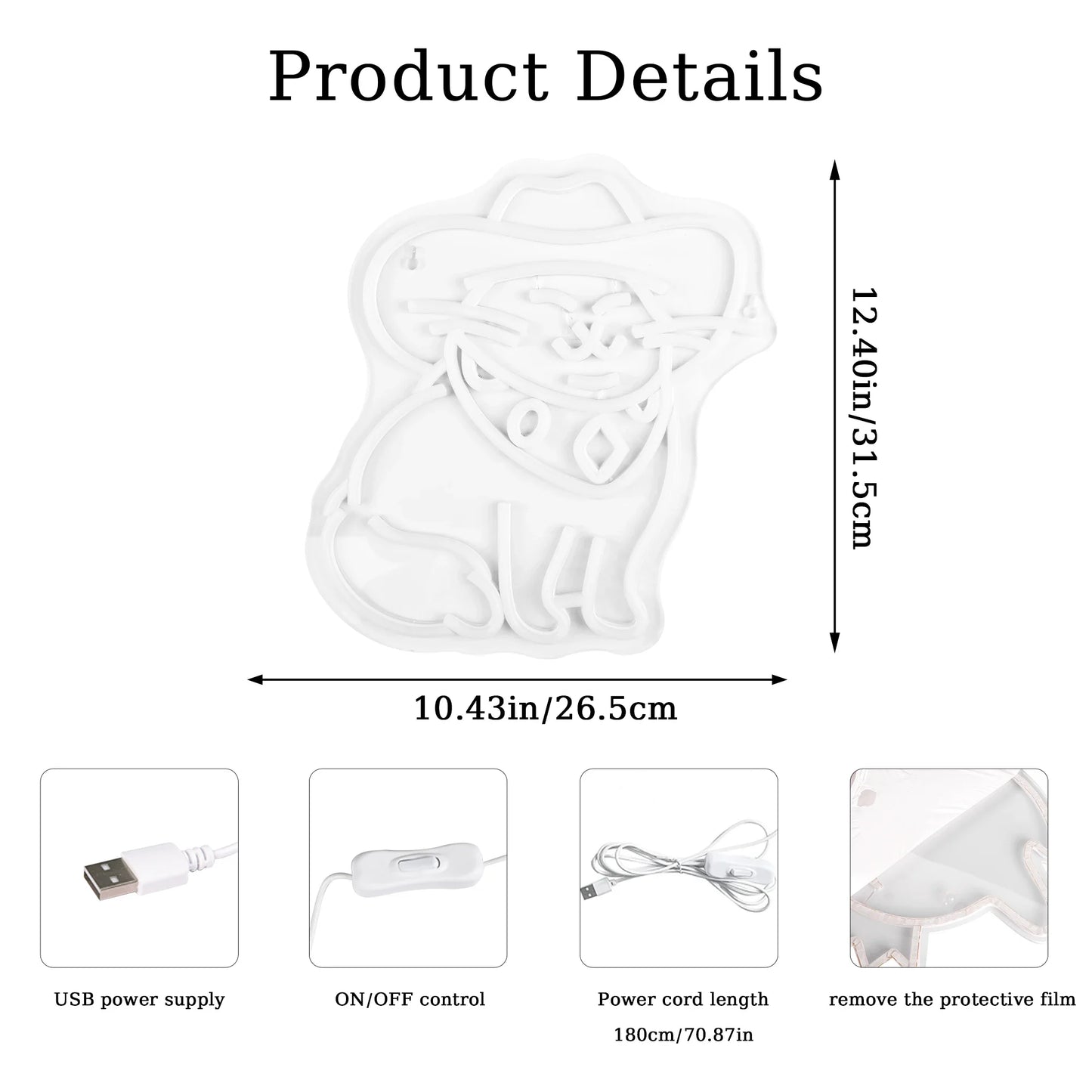 Product details of a white heating pad with dimensions and features on a white background