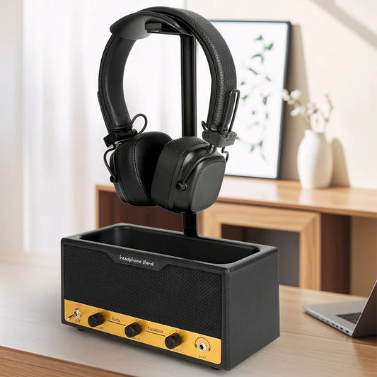 Wide black headphone stand with a full support bar