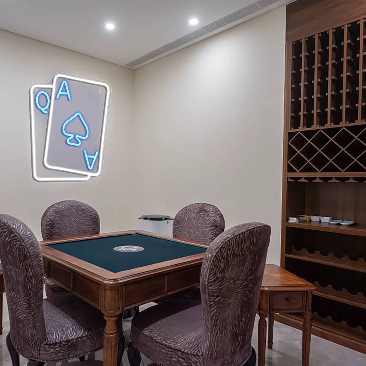 Blue white poker neon sign installation on wall