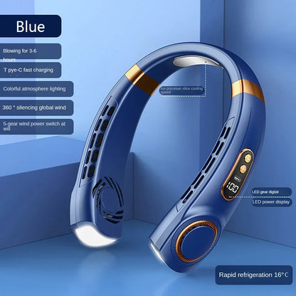 Bladeless Neck Fan Rechargeable, Portable Hands-Free USB Neck Fan with LED Digital Display, 5 Speed Settings, Colourful Atmosphere Light, Quiet Wearable Personal Fan for Home, Office, Outdoor and Travel