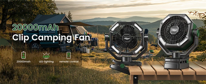 Camping Fan 20000mAh Rechargeable Battery Operated Fan | Dual Motor Clip Fan with LED Lantern, Remote Control, Digital Display & 270° Rotation Outdoor Portable Fan for Tent, Travel & Home